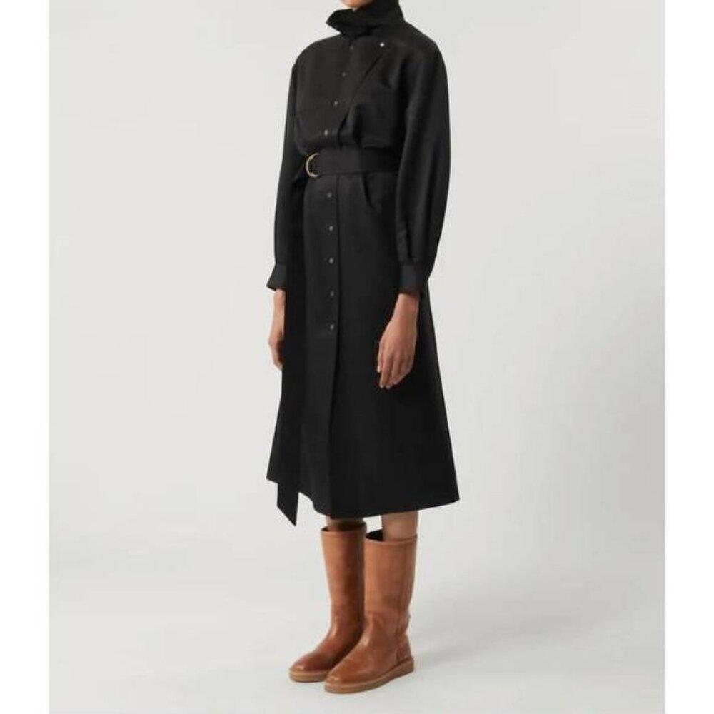 Soeur Syrah Black Belted Wool Silk Minimalist Midi Dress Womens Size 6 NEW